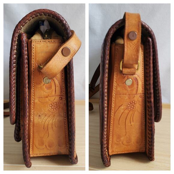 Vtg Mexican Hand Tooled Leather Bag Horses Roses Retro Boho Hippie Artsy Artisan - Picture 9 of 13